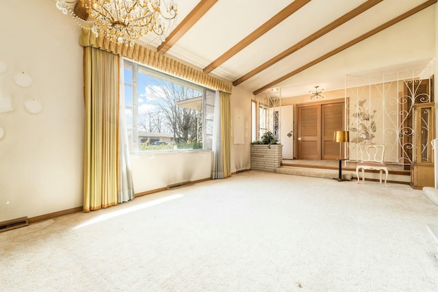 empty room with visible vents, carpet flooring, high vaulted ceiling, beamed ceiling, and baseboards