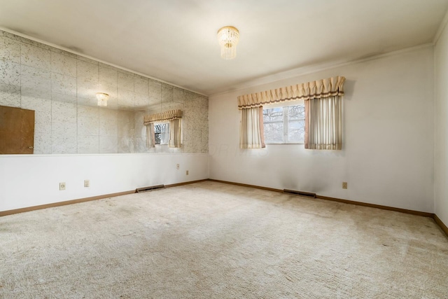 spare room featuring crown molding, carpet floors, visible vents, and baseboards