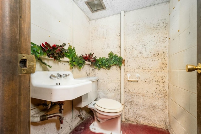 half bath featuring toilet and concrete block wall