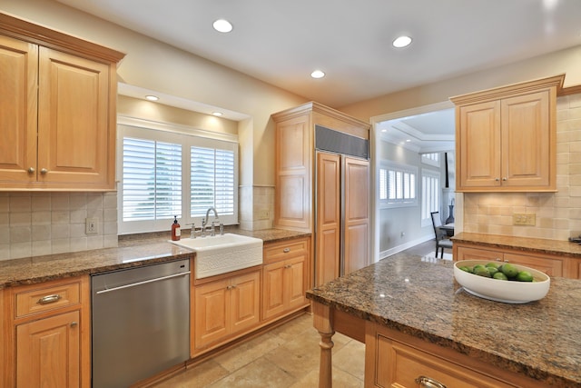 kitchen with stainless steel dishwasher, dark stone countertops, plenty of natural light, and a sink