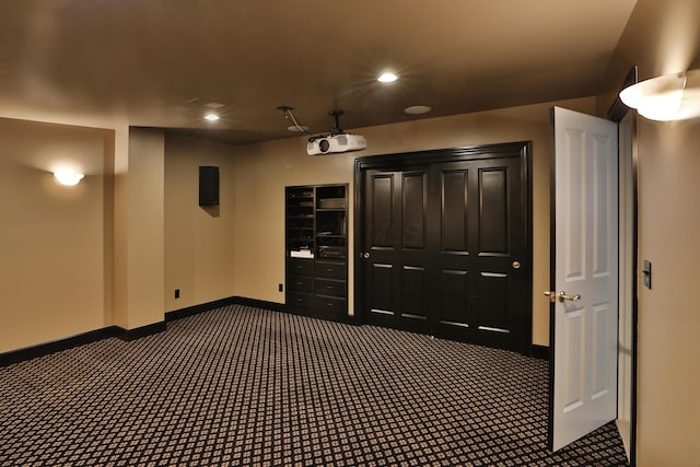 home theater with recessed lighting, baseboards, and carpet floors