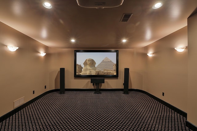 home theater featuring recessed lighting, visible vents, and carpet floors