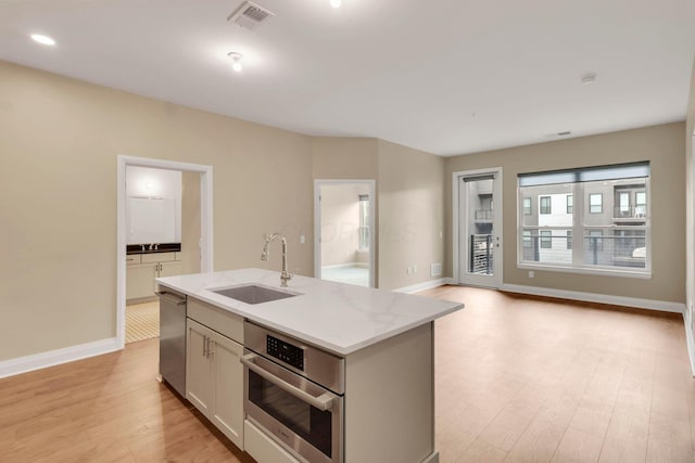 kitchen with a kitchen island with sink, a sink, visible vents, light wood-style floors, and appliances with stainless steel finishes