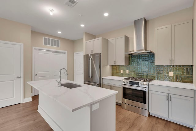 kitchen featuring a kitchen island with sink, stainless steel appliances, a sink, visible vents, and wall chimney exhaust hood