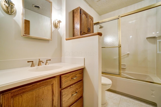 bathroom with visible vents, toilet, enclosed tub / shower combo, tile patterned flooring, and a textured ceiling