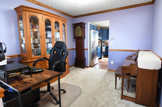 home office featuring baseboards, ornamental molding, a textured ceiling, and light colored carpet