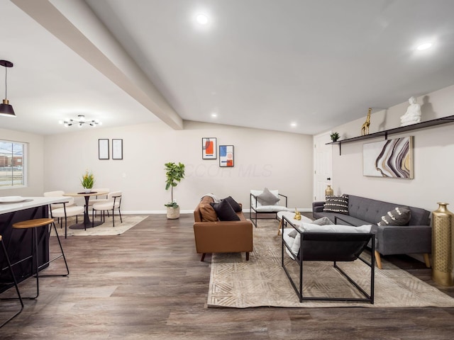 living room with vaulted ceiling with beams, baseboards, dark wood-style flooring, and recessed lighting