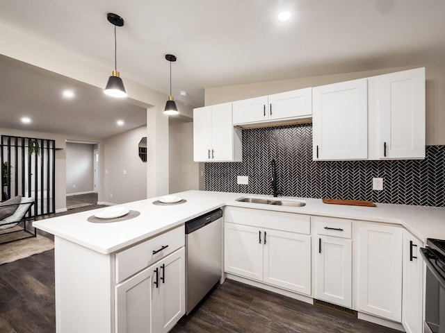 kitchen featuring range, dishwasher, dark wood-type flooring, light countertops, and a sink