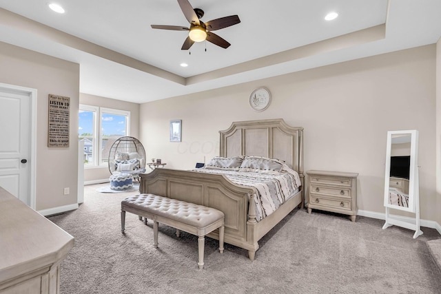 7179 Seymour Ct, Canal Winchester, OH 43110 - bedroom with light carpet, recessed lighting, a raised ceiling, and ceiling fan