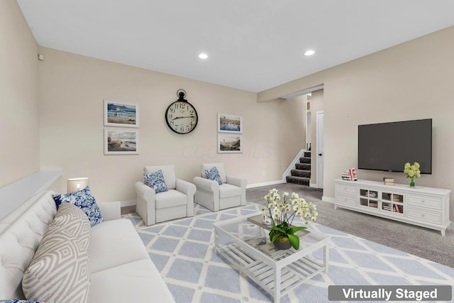 7179 Seymour Ct, Canal Winchester, OH 43110 - living room featuring stairway, carpet, and recessed lighting