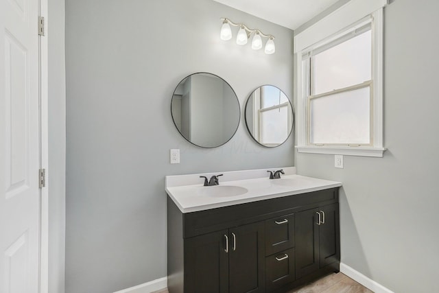 bathroom featuring a sink, baseboards, wood finished floors, and double vanity