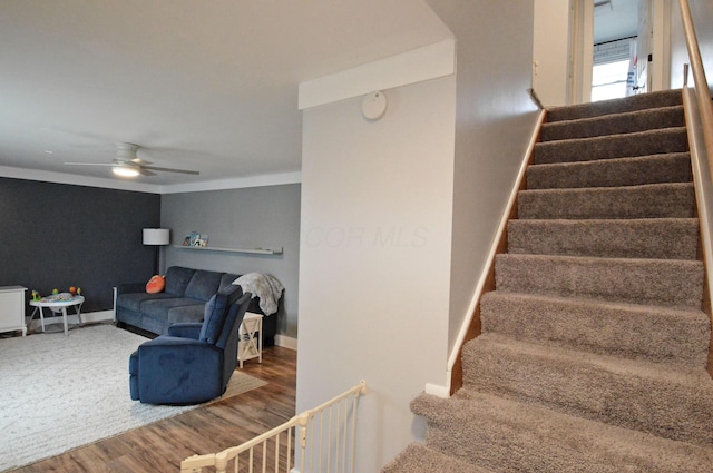 stairs featuring a ceiling fan, baseboards, and wood finished floors