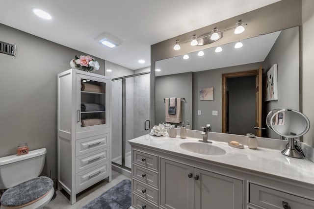 full bath with recessed lighting, visible vents, toilet, vanity, and a stall shower
