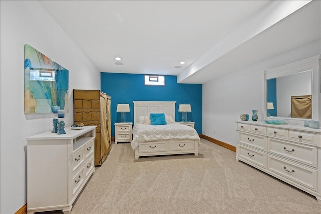 bedroom featuring light colored carpet, recessed lighting, and baseboards
