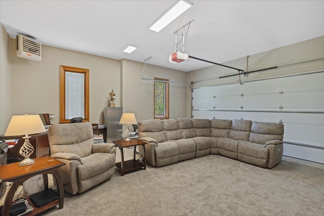 living area with a garage and carpet