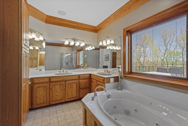 full bath with a shower stall, tile patterned flooring, vanity, and a jetted tub