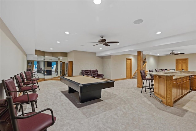 playroom featuring recessed lighting, light colored carpet, billiards, baseboards, and a ceiling fan
