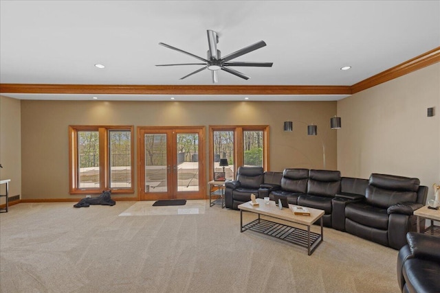 living area featuring ceiling fan, recessed lighting, baseboards, and carpet floors