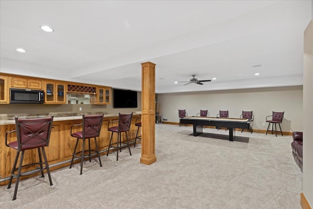 recreation room with billiards, recessed lighting, wet bar, and light carpet