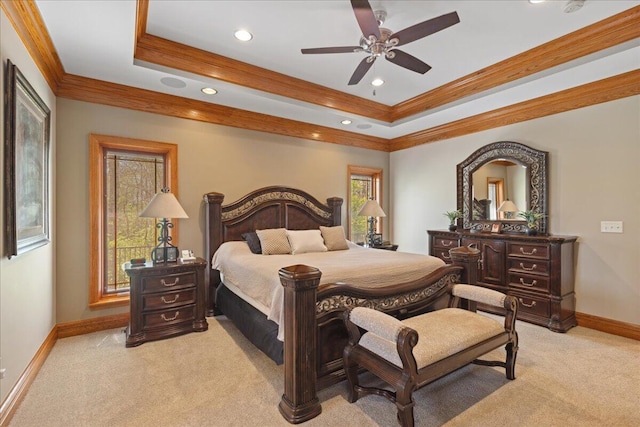 bedroom featuring baseboards, recessed lighting, ornamental molding, and light colored carpet