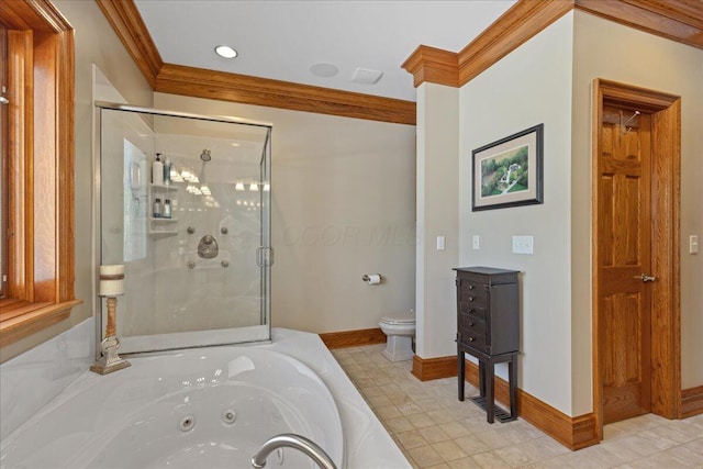 bathroom with a tub with jets, toilet, a stall shower, and baseboards