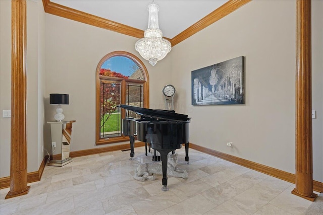 sitting room with crown molding, decorative columns, a chandelier, and baseboards