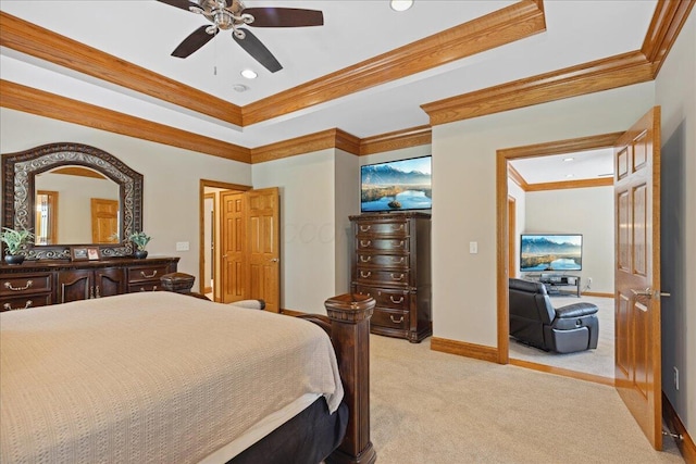 bedroom with recessed lighting, a raised ceiling, light carpet, baseboards, and ornamental molding