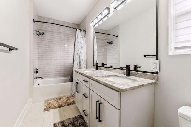 full bathroom with double vanity, toilet, tile patterned flooring, shower / bathtub combination with curtain, and a sink