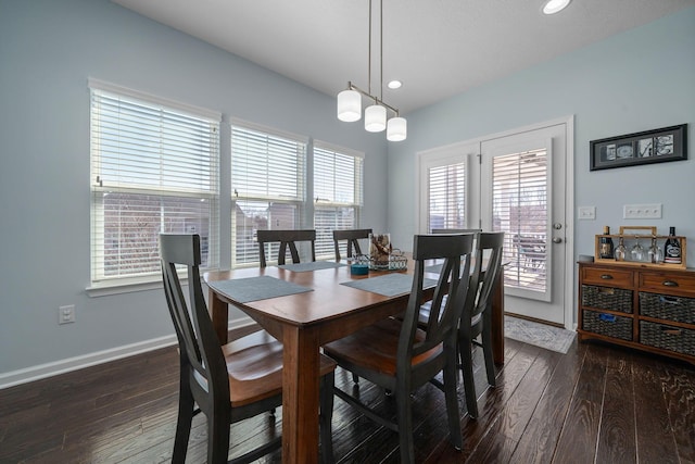 dining area featuring recessed lighting, baseboards, and dark wood-type flooring