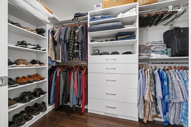 walk in closet featuring wood finish floors