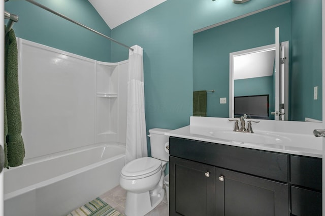 full bathroom featuring toilet, shower / bath combo with shower curtain, vaulted ceiling, tile patterned floors, and vanity