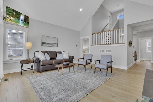 living area featuring high vaulted ceiling, wood finished floors, visible vents, and baseboards