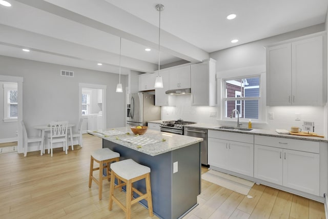 kitchen with stainless steel appliances, visible vents, light wood-style floors, a sink, and under cabinet range hood