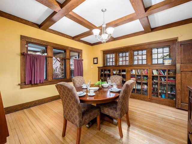 dining space with baseboards, coffered ceiling, hardwood / wood-style flooring, a chandelier, and beam ceiling