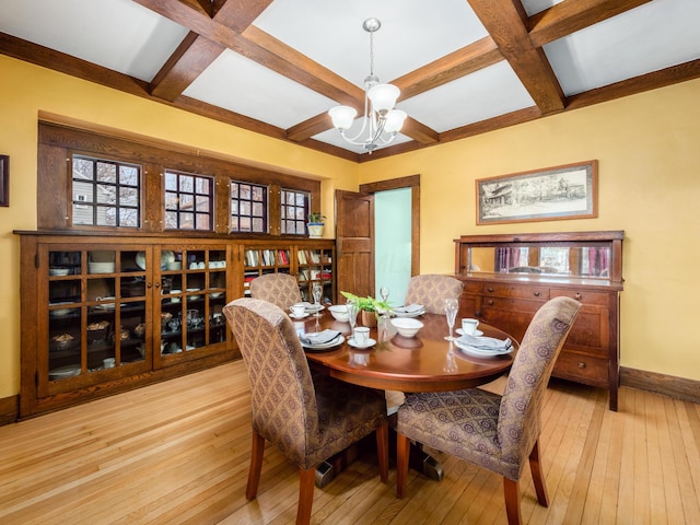 dining area with wood-type flooring, coffered ceiling, a notable chandelier, and baseboards