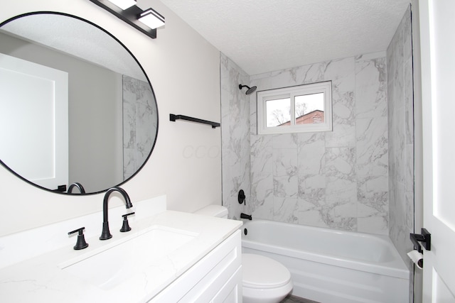 bathroom with a textured ceiling, vanity, bathtub / shower combination, and toilet