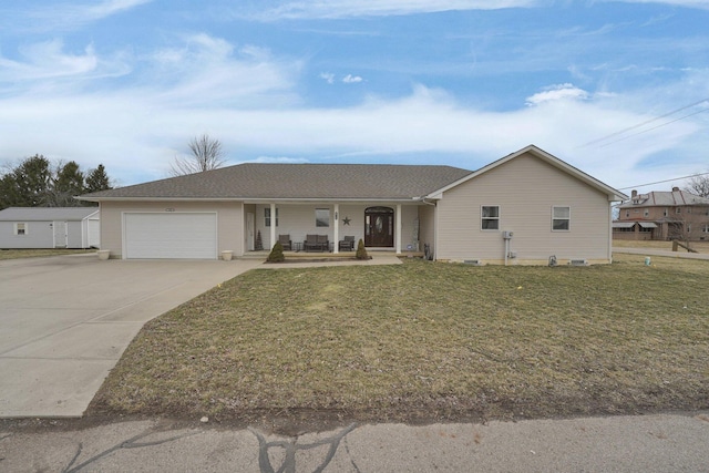 single story home featuring a porch, concrete driveway, a front lawn, and a garage