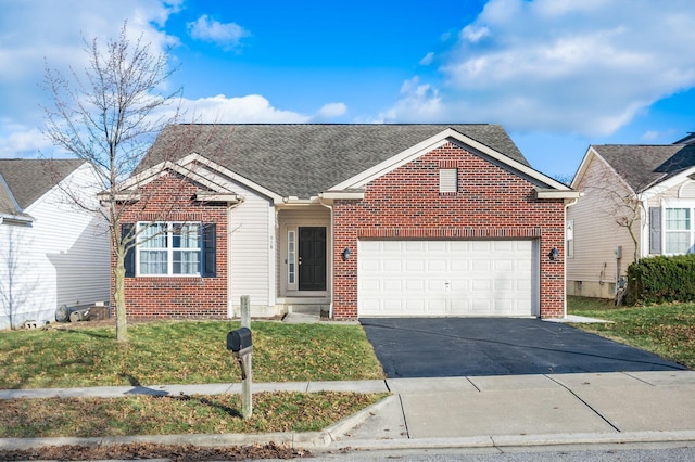 single story home featuring an attached garage, driveway, a shingled roof, and brick siding