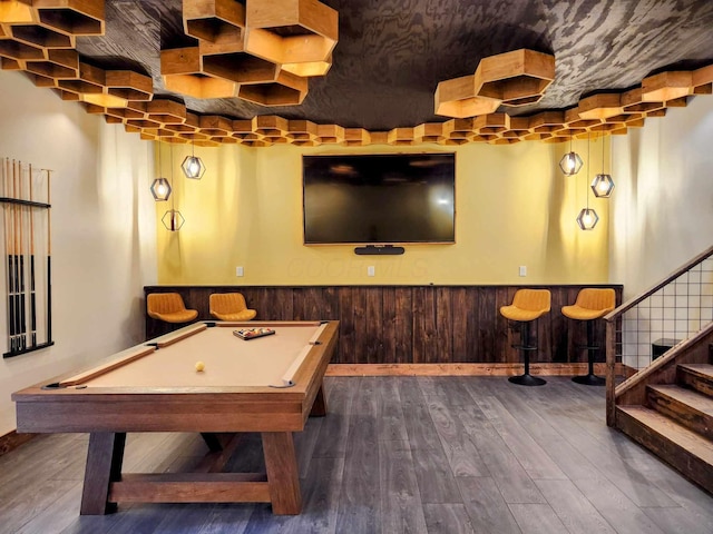 rec room featuring a wainscoted wall, wood-type flooring, billiards, and wood walls