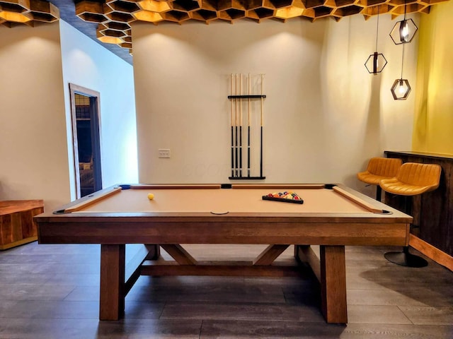 playroom with dark wood-style floors, billiards, and baseboards