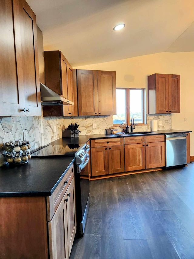 kitchen with under cabinet range hood, a sink, electric stove, stainless steel dishwasher, and dark countertops