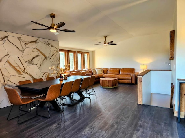 dining space featuring dark wood finished floors and ceiling fan