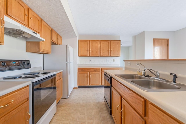 kitchen with light floors, light countertops, under cabinet range hood, a sink, and range with electric stovetop