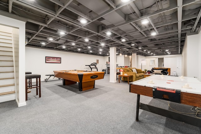 playroom featuring pool table and carpet flooring