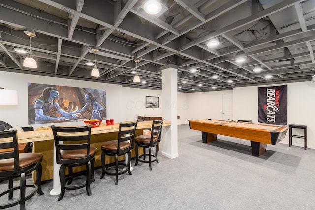 playroom featuring a bar, billiards, carpet, and baseboards