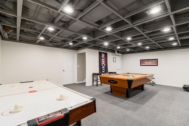 game room featuring pool table, carpet flooring, and baseboards