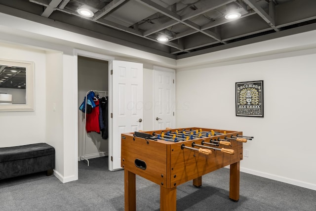 game room featuring coffered ceiling, baseboards, and carpet floors