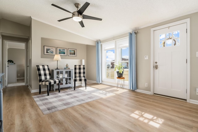 entrance foyer featuring lofted ceiling, wood finished floors, baseboards, and a textured ceiling