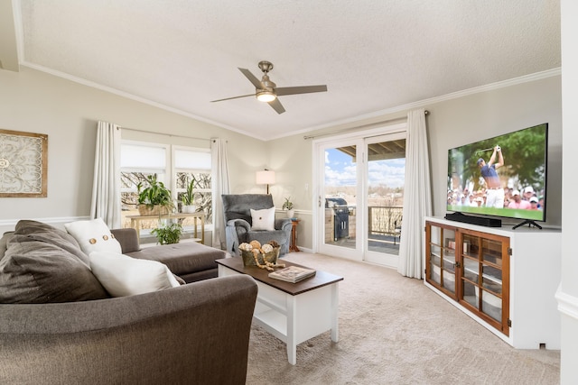 living room with light colored carpet and ornamental molding