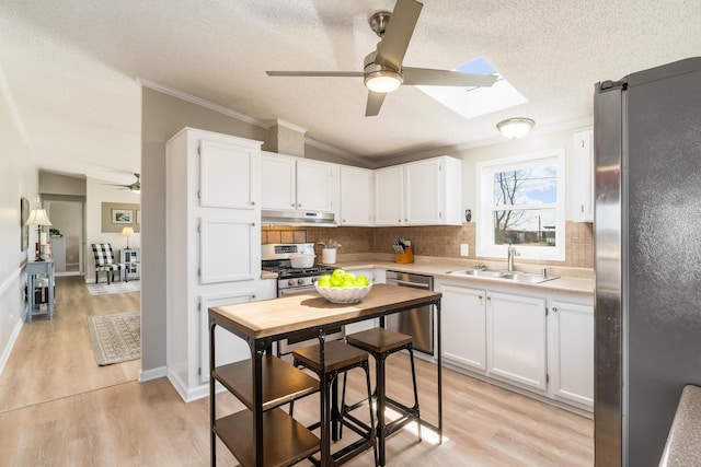 kitchen with a sink, stainless steel appliances, light countertops, light wood-style floors, and under cabinet range hood